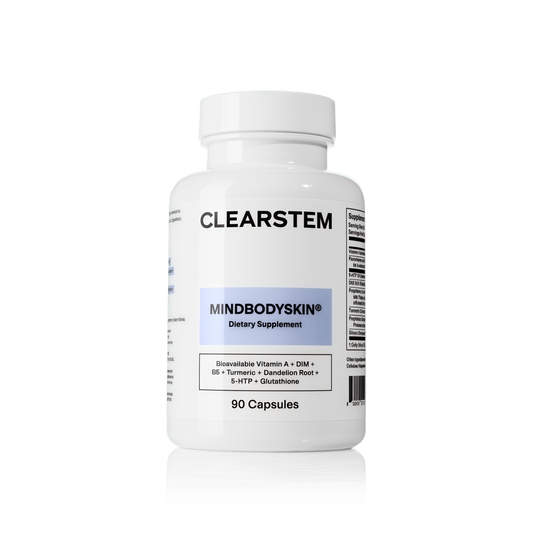 CLEARSTEM - MINDBODYSKIN Hormonal Acne Supplement (No 5-HTP) - Natural DIM Supplement - Skin Care Vitamins - Hormone Balance, Antioxidants - Gluten Free, Cruelty Free - 30 Servings, 90 Capsules