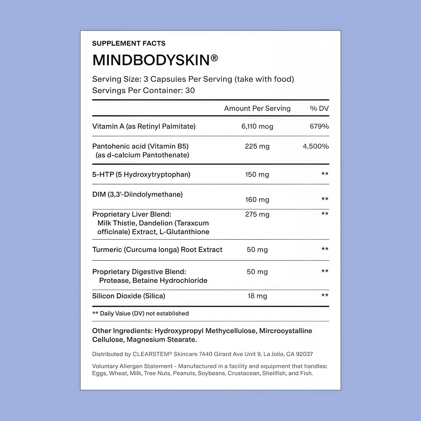 CLEARSTEM - MINDBODYSKIN Hormonal Acne Supplement (No 5-HTP) - Natural DIM Supplement - Skin Care Vitamins - Hormone Balance, Antioxidants - Gluten Free, Cruelty Free - 30 Servings, 90 Capsules