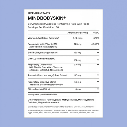 CLEARSTEM - MINDBODYSKIN Hormonal Acne Supplement (No 5-HTP) - Natural DIM Supplement - Skin Care Vitamins - Hormone Balance, Antioxidants - Gluten Free, Cruelty Free - 30 Servings, 90 Capsules